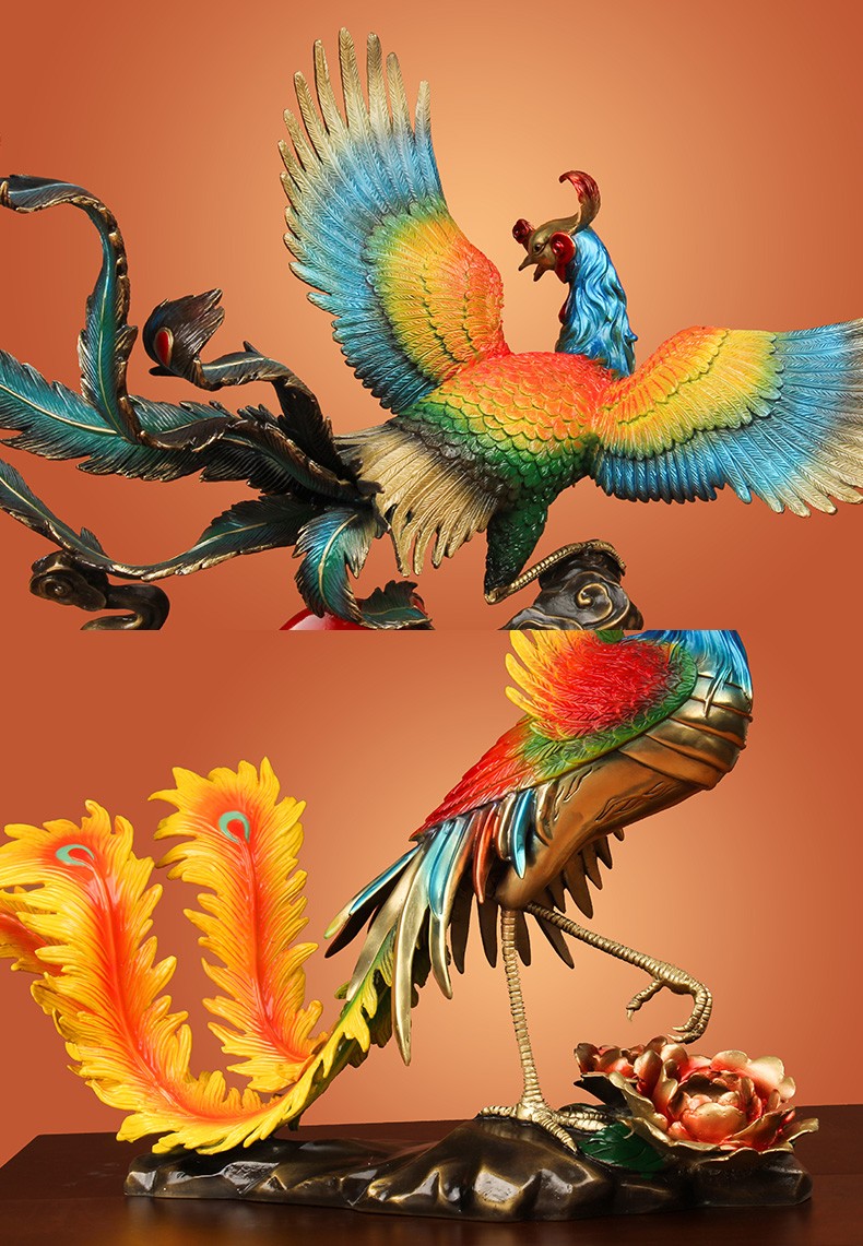 上善若水凤鸣朝阳火凤凰摆件工艺品百鸟朝凤全铜龙凤呈祥家居客厅玄关