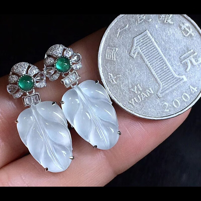 月亮阿姨翡翠高冰种树叶耳钉耳饰18k金镶嵌珠宝首饰缅甸a货翡翠送女友
