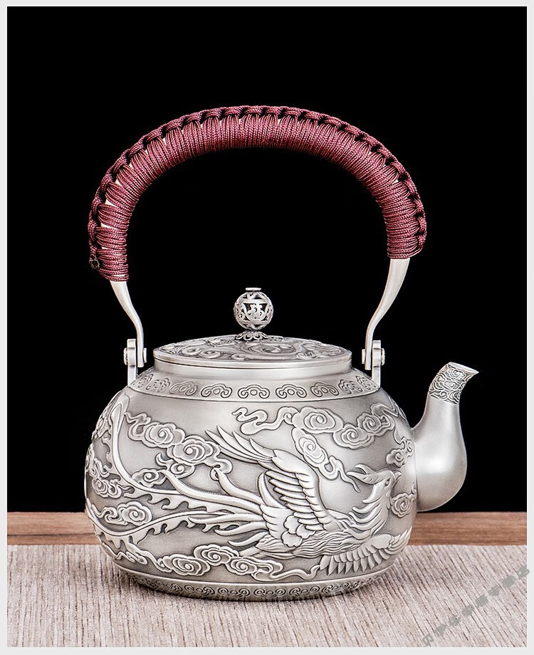 贝伊乐银壶烧水壶纯手工龙凤呈祥银壶纯银999纯手工家用提梁壶大容量