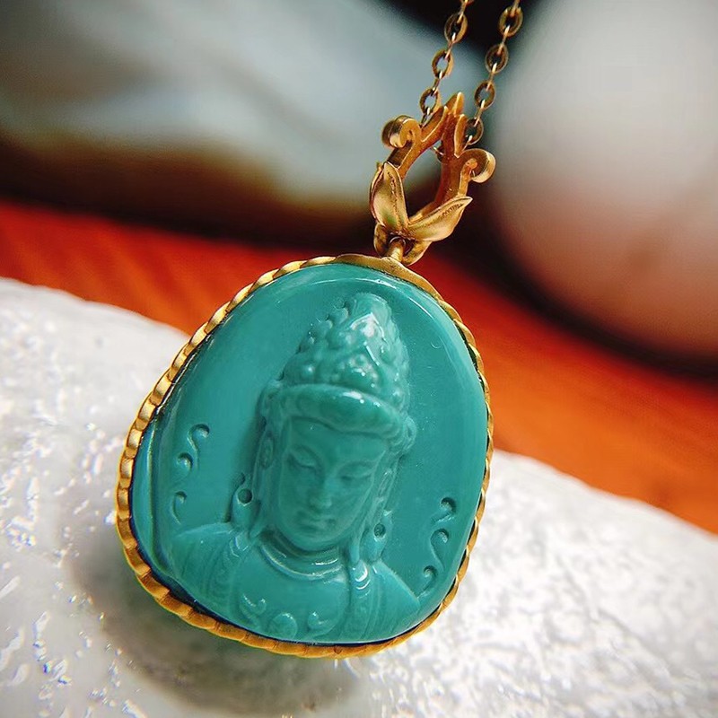 慈心缘 绿松石高瓷玉化料观音吊坠 18k金镶嵌工艺精湛男女玉石玉器