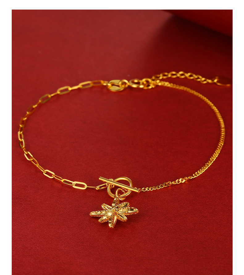 全球行国际18k金雪花手链au750k黄色可调节手链冬季雪花圣诞女友礼物