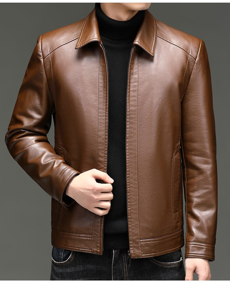 袋鼠皮衣男秋冬商务休闲翻领皮夹克外套男士加绒保暖皮外套男装 zl1