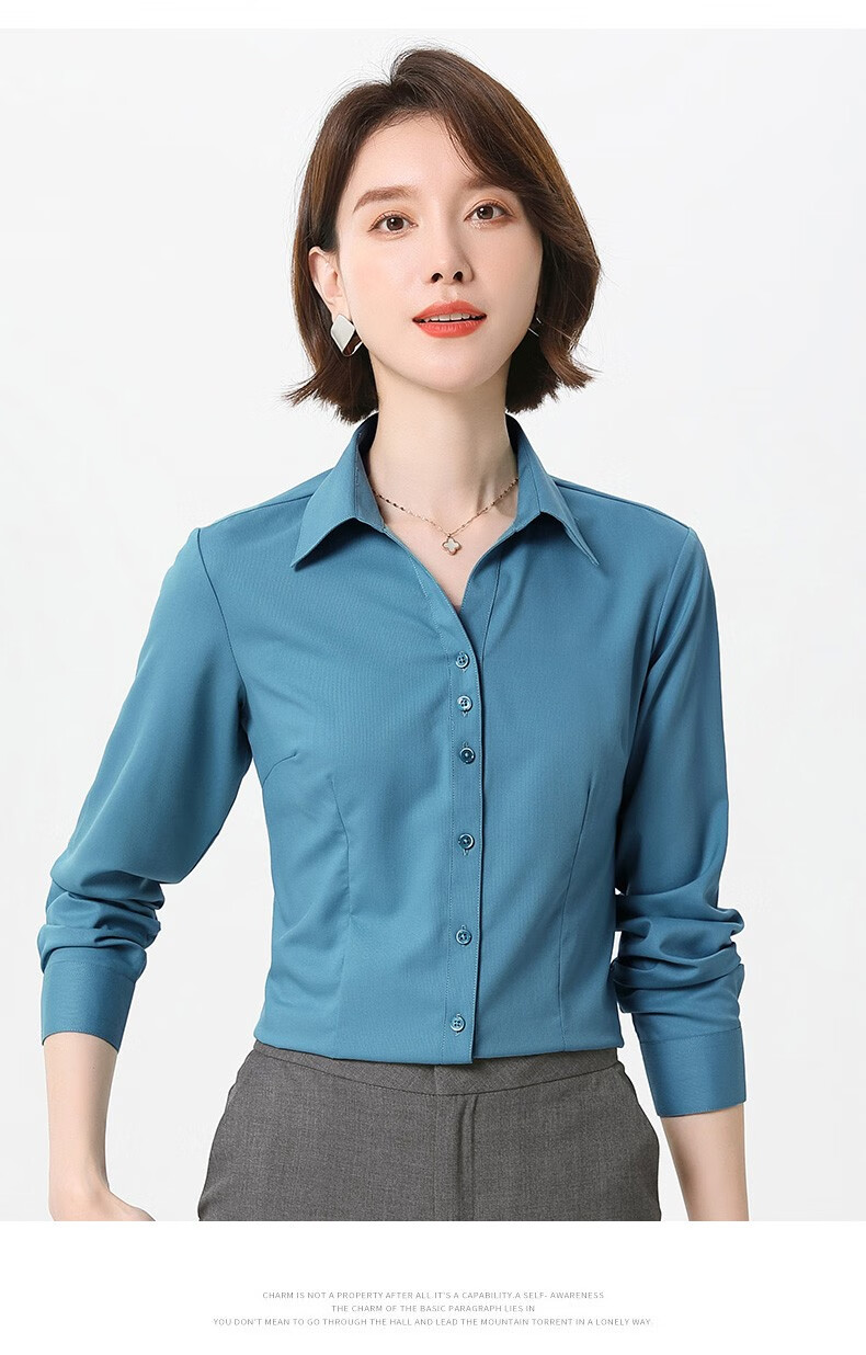 罗蒙长袖衬衫女士新款商务休闲职业衬衣百搭纯色上衣白色35