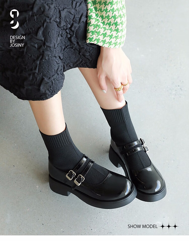 卓诗尼2021冬款英伦风小皮鞋时装靴弹力连袜靴短靴女黑色35