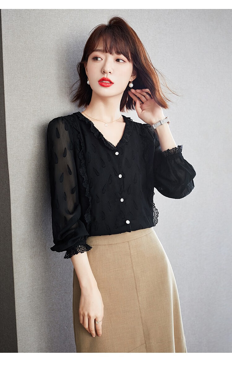 拉夏贝尔衬衫女2021年秋季新款时尚女装气质长袖黑色蕾丝拼接衬衣韩版