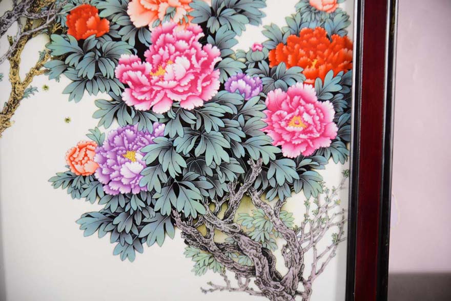 绿底粉彩花鸟瓷板画富贵满堂中堂挂屏xt0156