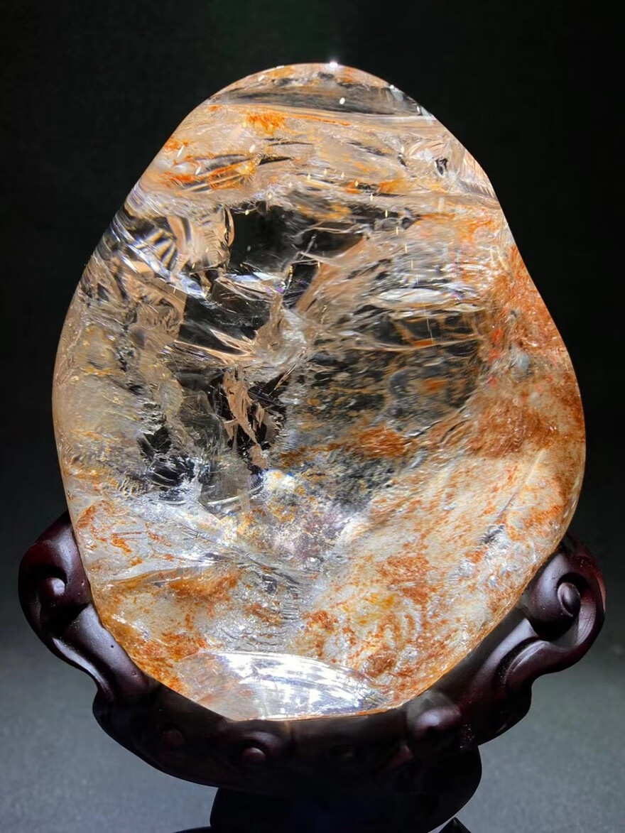 诺源珠宝天然红胶花原石水晶观赏石摆件晶莹剔透精致黑檀底座外形完整