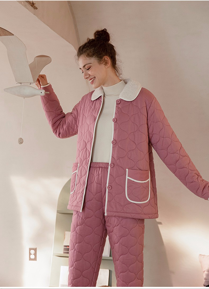 商场同款秋鹿冬季睡衣女三层保暖夹棉纯色开衫长袖长裤加厚纯棉家居服