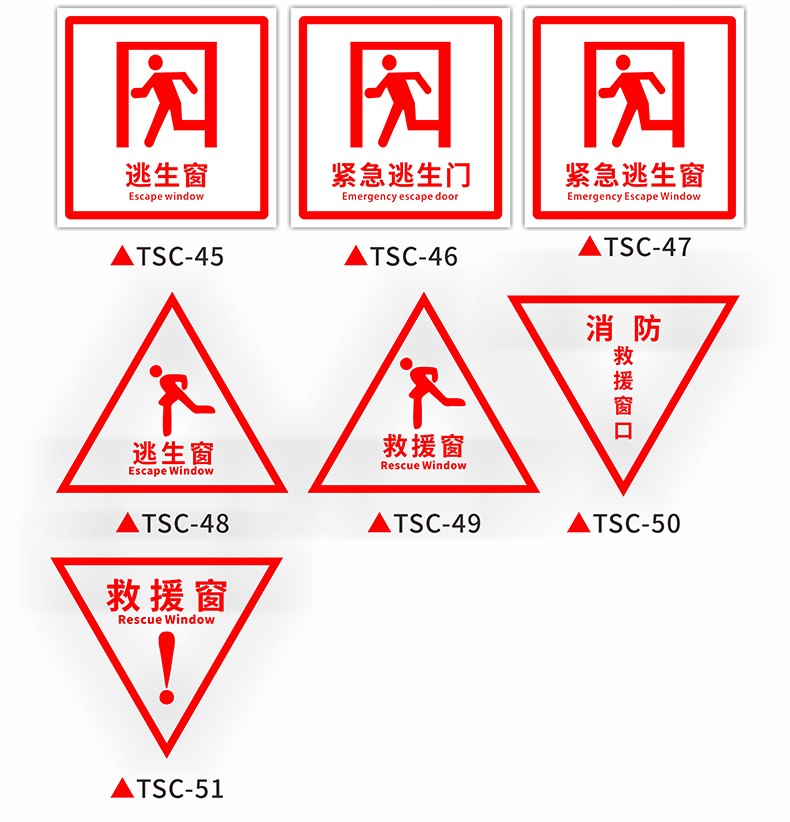 逃生窗口敲击点安全锤操作指示透明贴纸紧急疏散标志圆形三角形安全