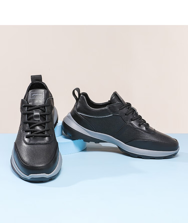 harson哈森男鞋厚底耐磨休闲鞋男春秋低帮轻便牛皮缓震鞋子男黑色