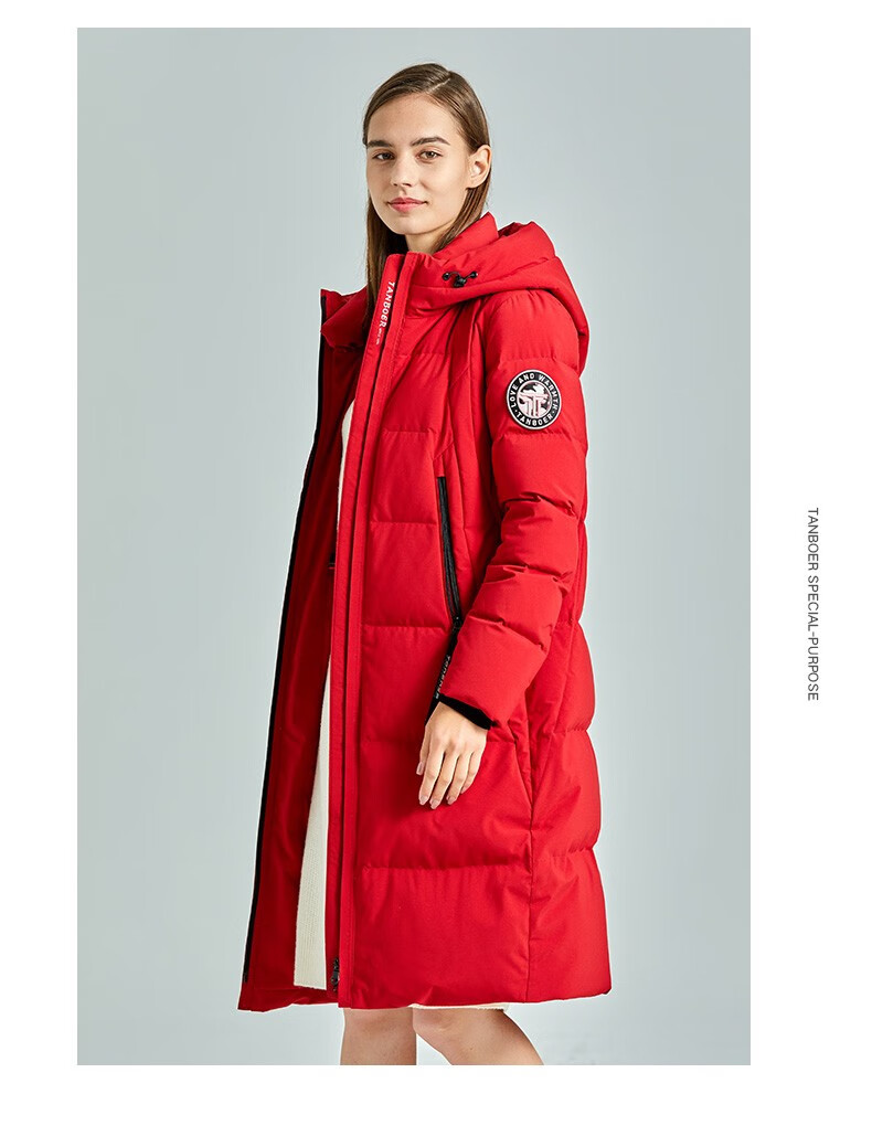 坦博尔羽绒服女中长款冬季商场同款袖标显瘦拉链口袋保暖连帽羽绒服