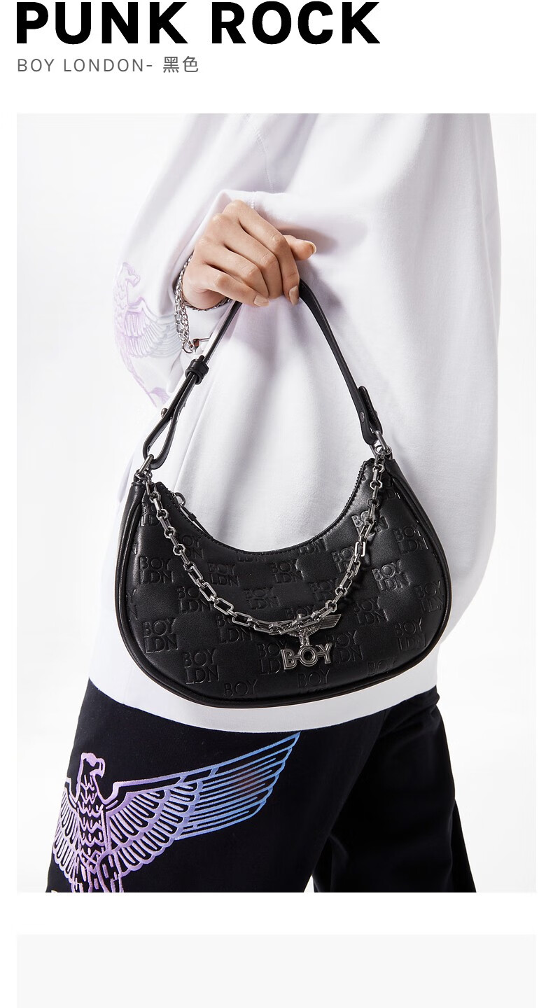 boylondon手提包女2022春夏新品环扣链条新月型时尚腋下包w85000黑色