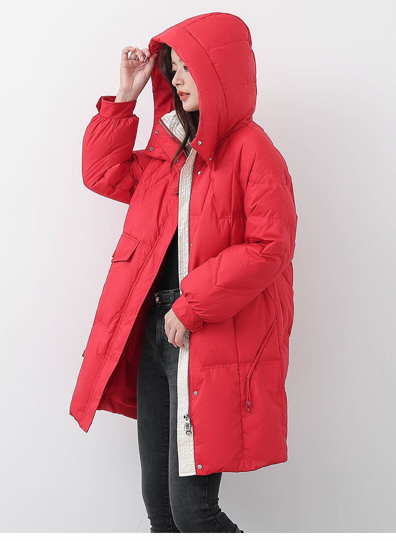 鸭鸭羽绒服女中长款2021年冬季新款休闲宽松舒适撞色保暖外套zp红色m