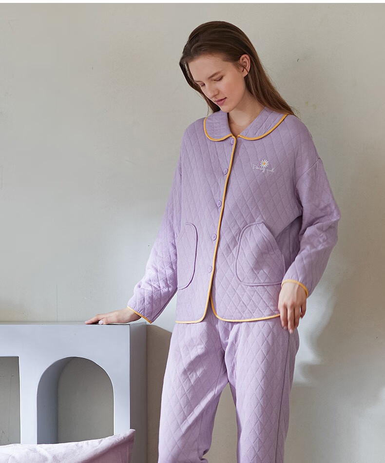 秋鹿睡衣女冬季夹棉开衫长袖休闲女士睡衣保暖格子家居服套装香芋紫
