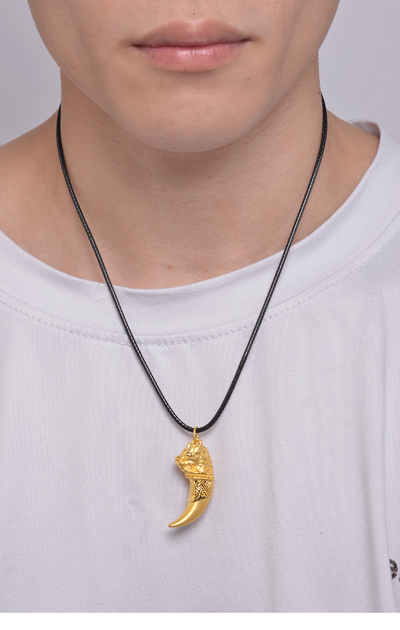 顺丰速运欧颜黄金狼牙吊坠男款足金男士项链挂坠复古酷潮狼牙项链个性