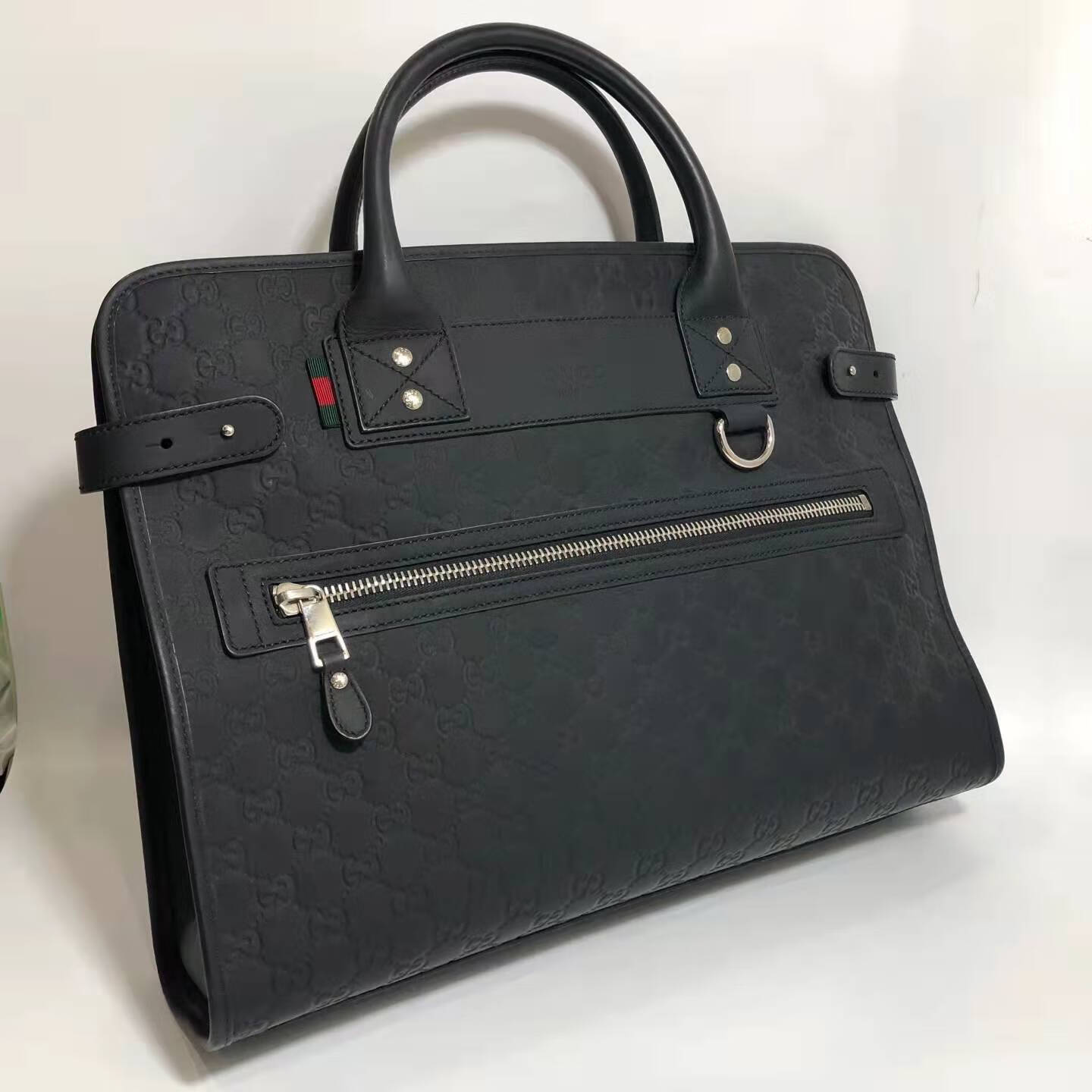 99新古驰gucci黑色牛皮压花手提包公文包男包