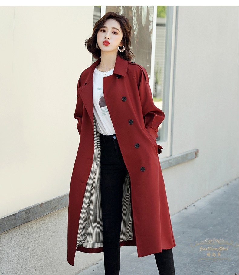 单排扣系带风衣女中长款2021年秋季新款气质女神范大衣外套酒红色xxl