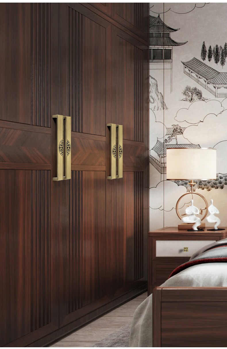 创逸坊新中式纯铜色拉手柜门仿古对装中式门拉手橱柜衣柜抽屉把手全铜