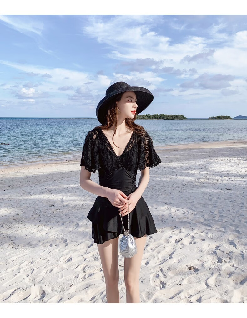 夏季薄款裙式连体显瘦遮肚游泳衣泡温泉度假泳装女成人大码防晒比基尼