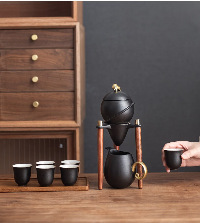 自动泡茶器陶瓷茶具冲茶器牛来运转自动茶具套装黑砂釉高档礼盒包装