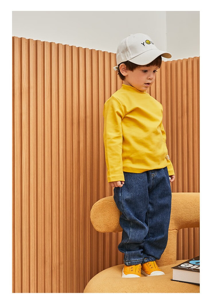 米乐熊男女宝宝长袖打底纯色t恤上衣春秋儿童童装卡其黄80cm