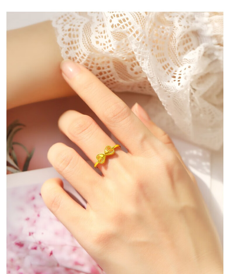 爱相思黄金戒指女999足金蝴蝶结爱心金戒指素圈活口戒时尚金饰品520