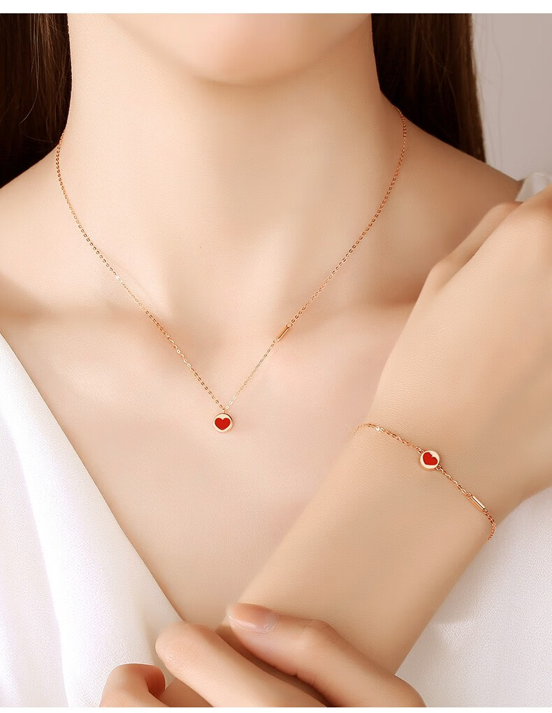 ansn18k金小红心项链女爱心彩金吊坠玫瑰金套链红玛瑙心形锁骨链圣诞
