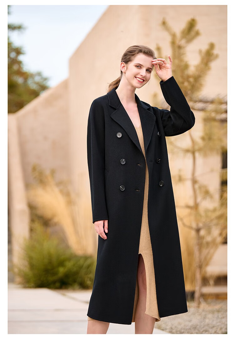 瑟俐品牌高端黑色101801水波纹双面纯羊绒大衣女中长款羊毛呢外套秋新