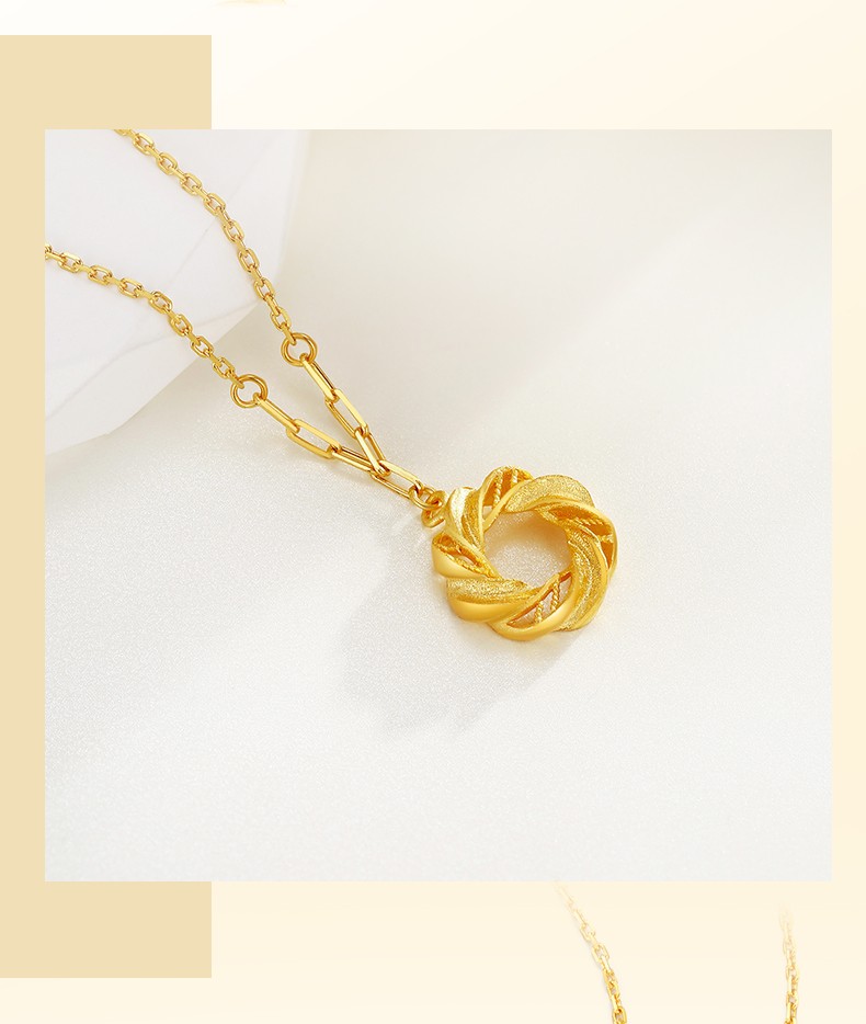 宝庆银楼 黄金项链女款足金甜甜圈吊坠麻花扭结锁骨链国潮细款套链