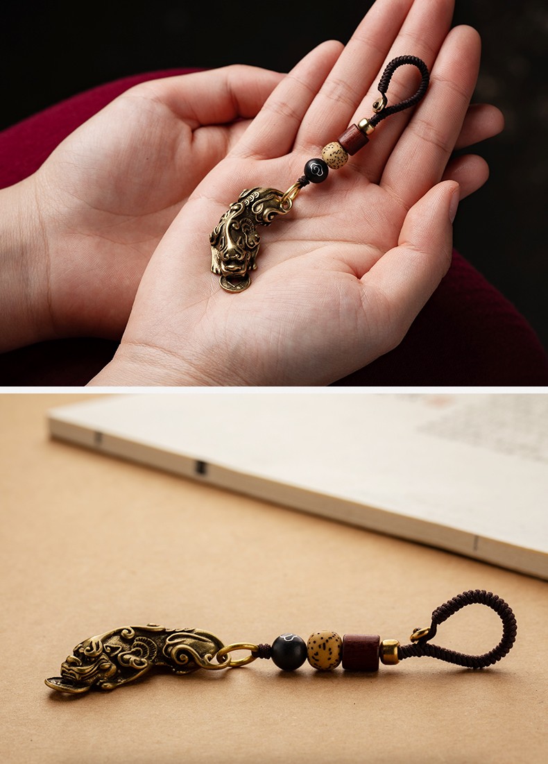 梵下黄铜招财貔貅钥匙扣挂件复古中国风汽车钥匙链包包挂饰送长辈送