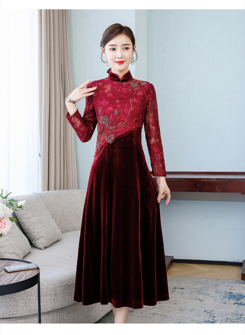 婚宴连衣裙妈妈旗袍礼服婚礼高端年轻喜婆婆婚宴装秋装金丝绒连衣裙