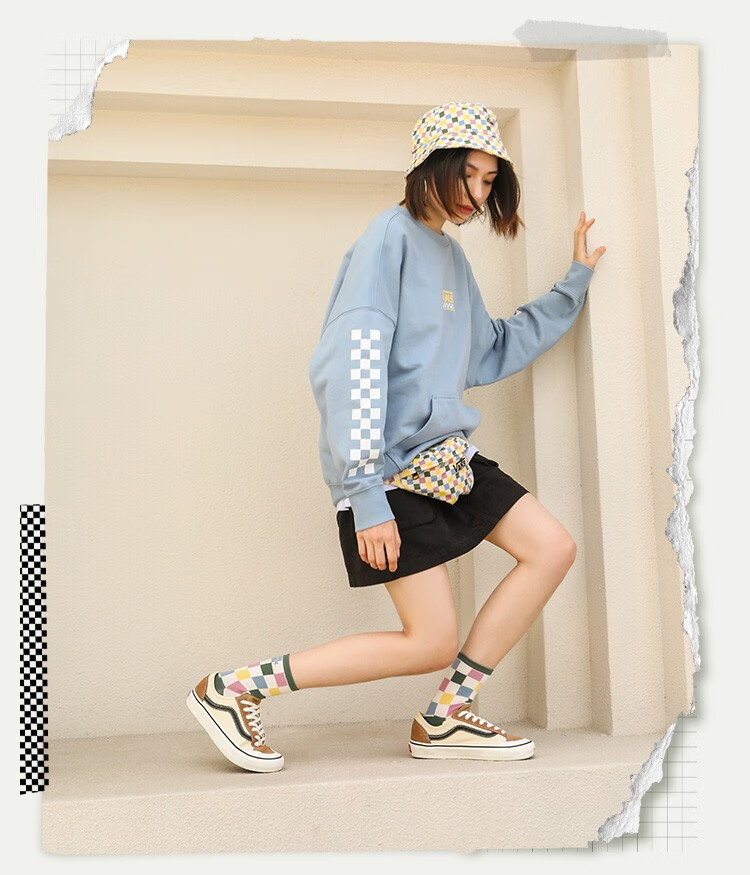 vansvans范斯官方 米白色彩色棋盘格女子长袜滑板初学者 米白色/粉色