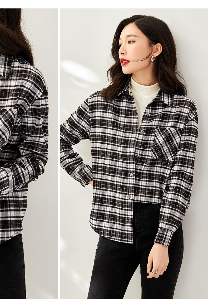 osa欧莎磨毛条纹格子衬衫女秋冬季22年新款棋盘格衬衣叠穿上衣黑白格