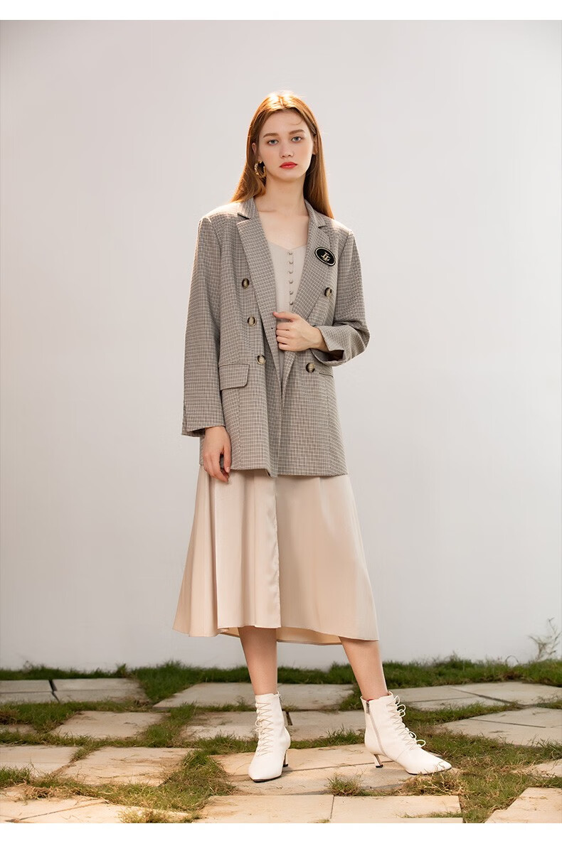 谷邦22秋季新款连衣裙女法式设计感气质v领长裙 奶茶色 xl/170【图片