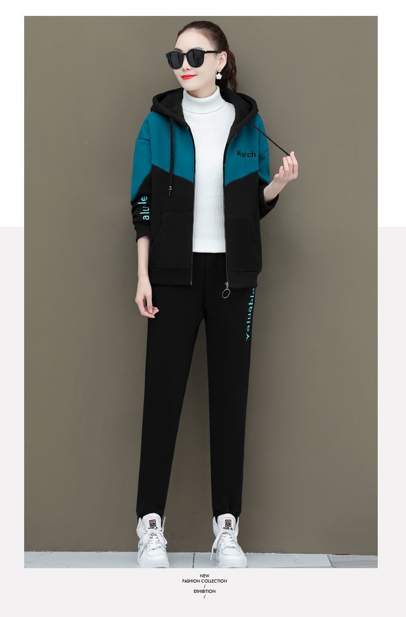 正蝶加绒加厚运动套装女2021秋冬新款洋气质卫衣显瘦两件套深紫色4xl