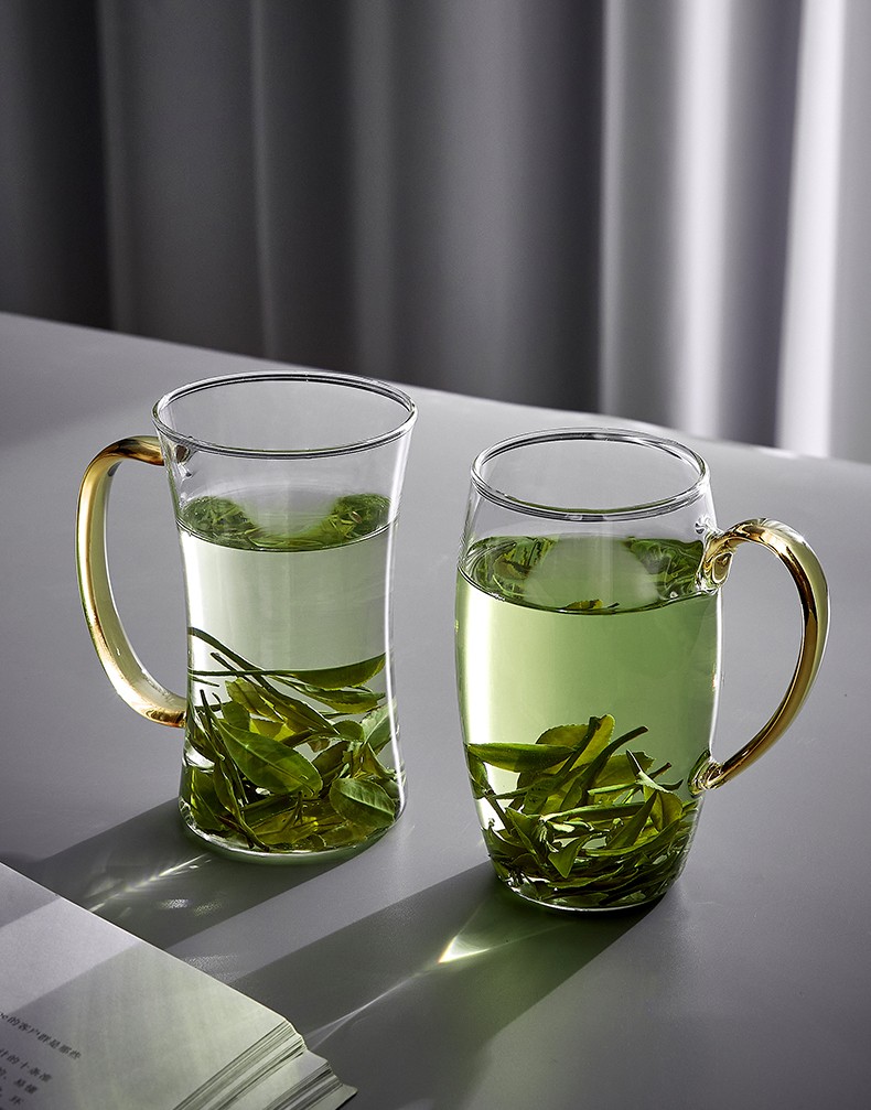 青苹果玻璃绿茶杯透明带把个人杯女士茶楼专用泡茶水杯子牛奶杯春意泡