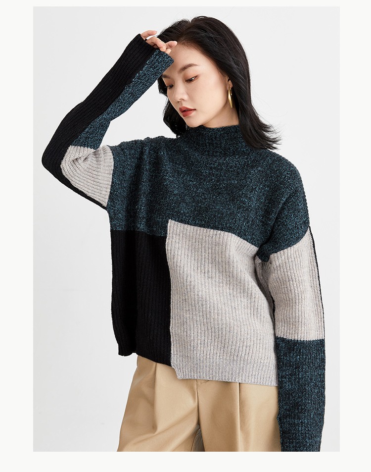 金菊秋冬新款毛衣半高领不规则拼色绵羊毛100女式羊毛衫长袖上衣气质