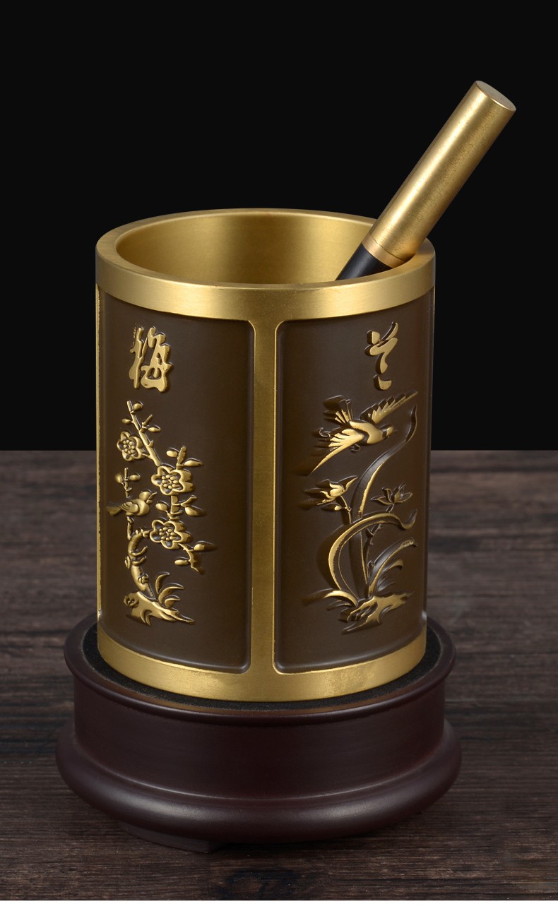 明班梅兰竹菊纯铜笔筒摆件办公室桌面复古中式摆设送老师领导退休礼品