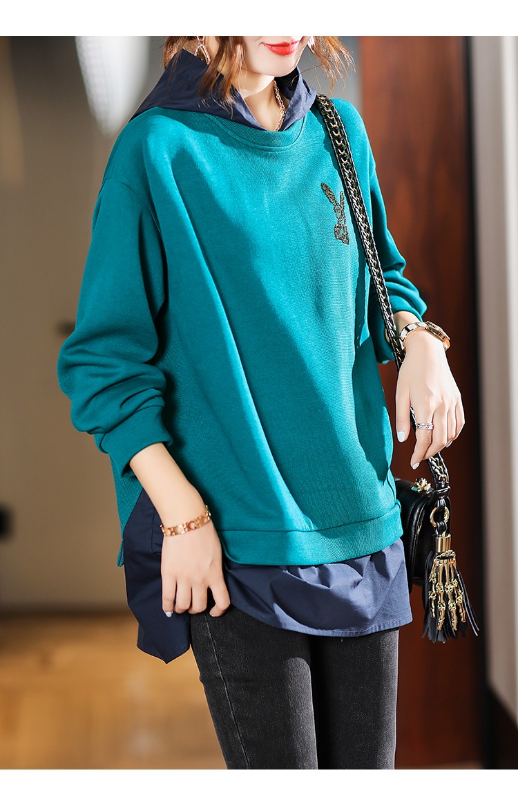 莎芡假两件连帽卫衣秋季欧洲站新款宽松休闲上衣 孔雀蓝 2xl(141-155