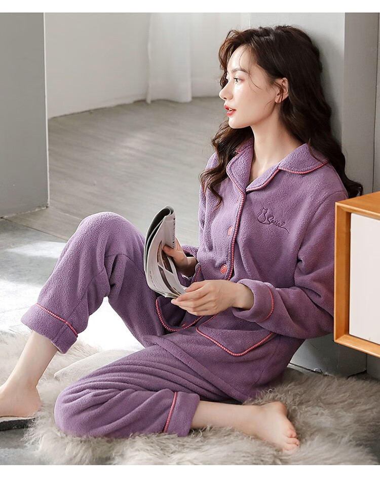 orzuv品牌冬季睡衣女珊瑚绒加厚加绒保暖家居服两件套墨绿l