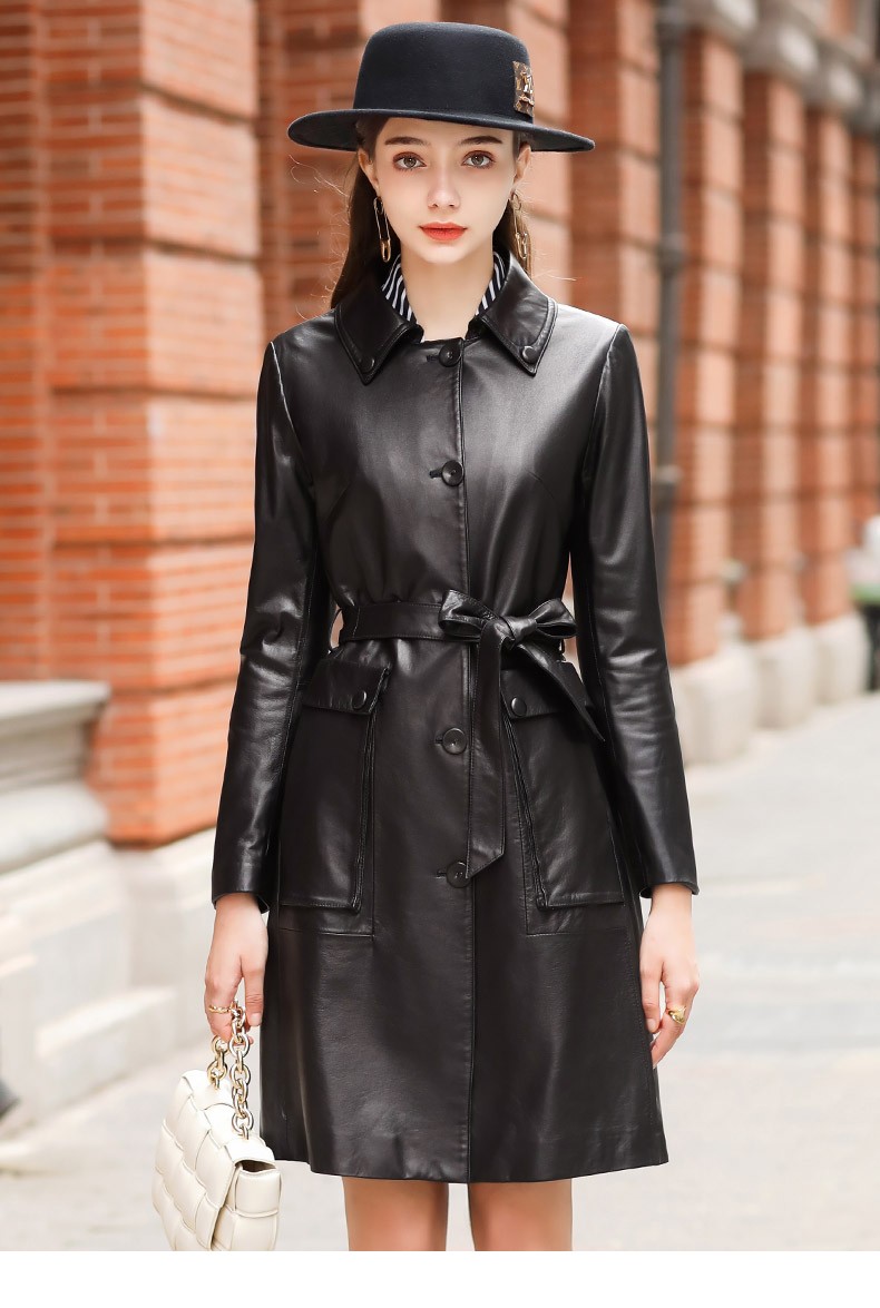 优质绵羊皮风衣外套女2021秋冬高货时尚系带真皮皮衣女中长款裸色s