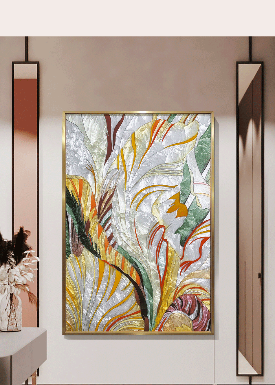 汉宫纯手绘掐丝珐琅彩画轻奢玄关过道装饰画餐厅走廊抽象立体金属框画