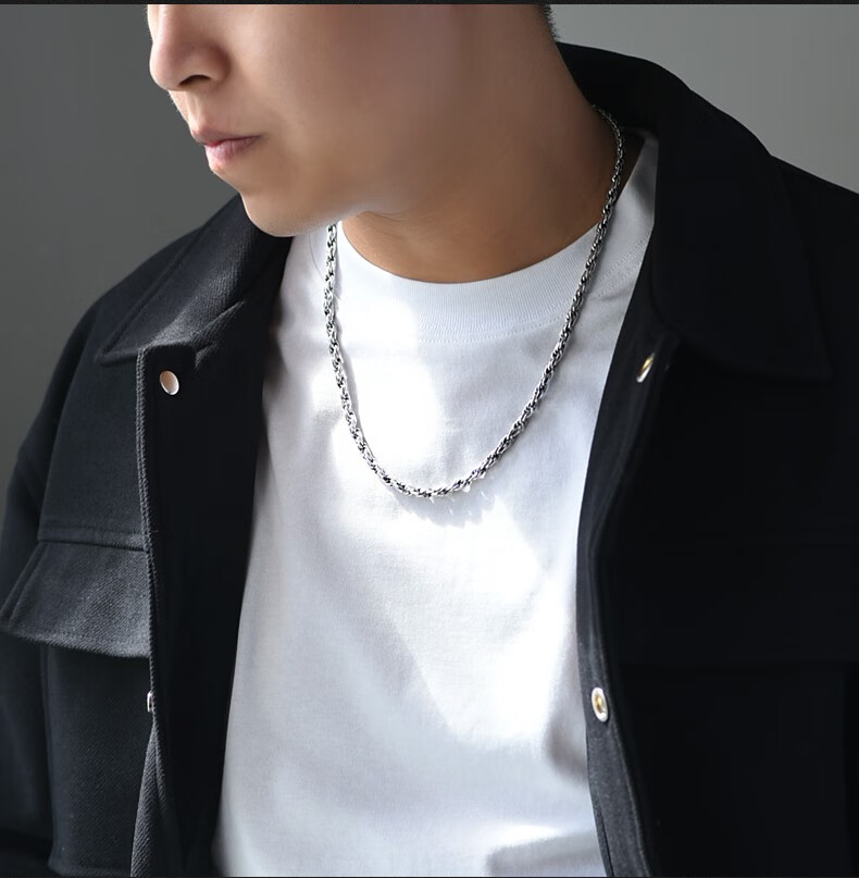 罗泰老银匠男士复古个性麻绳项链925银麻花项链男潮嘻哈欧美银链50