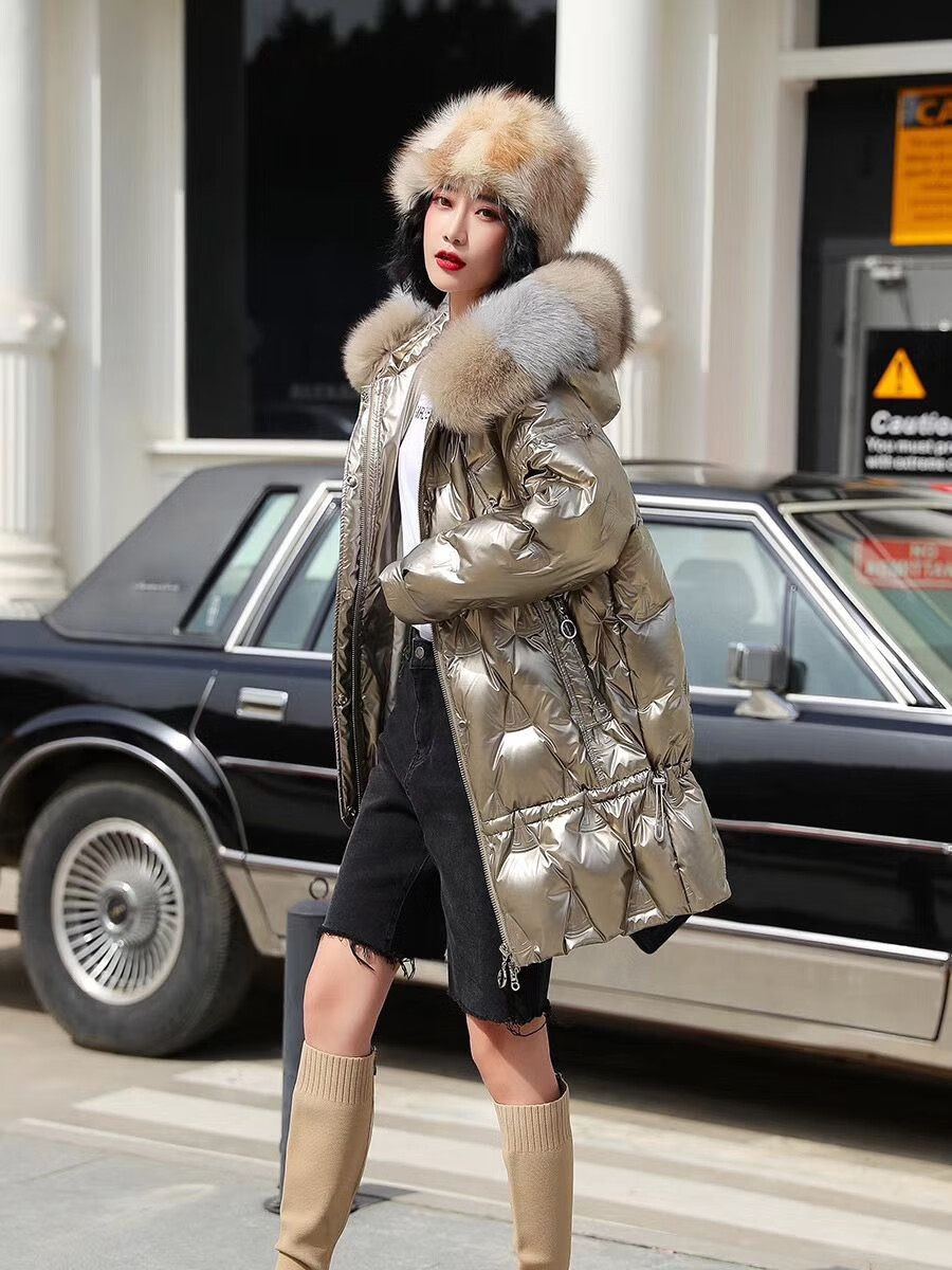 cdyy 香港潮牌 亮面免洗羽绒服2022冬季女中长款亮皮口袋毛球羽绒外套