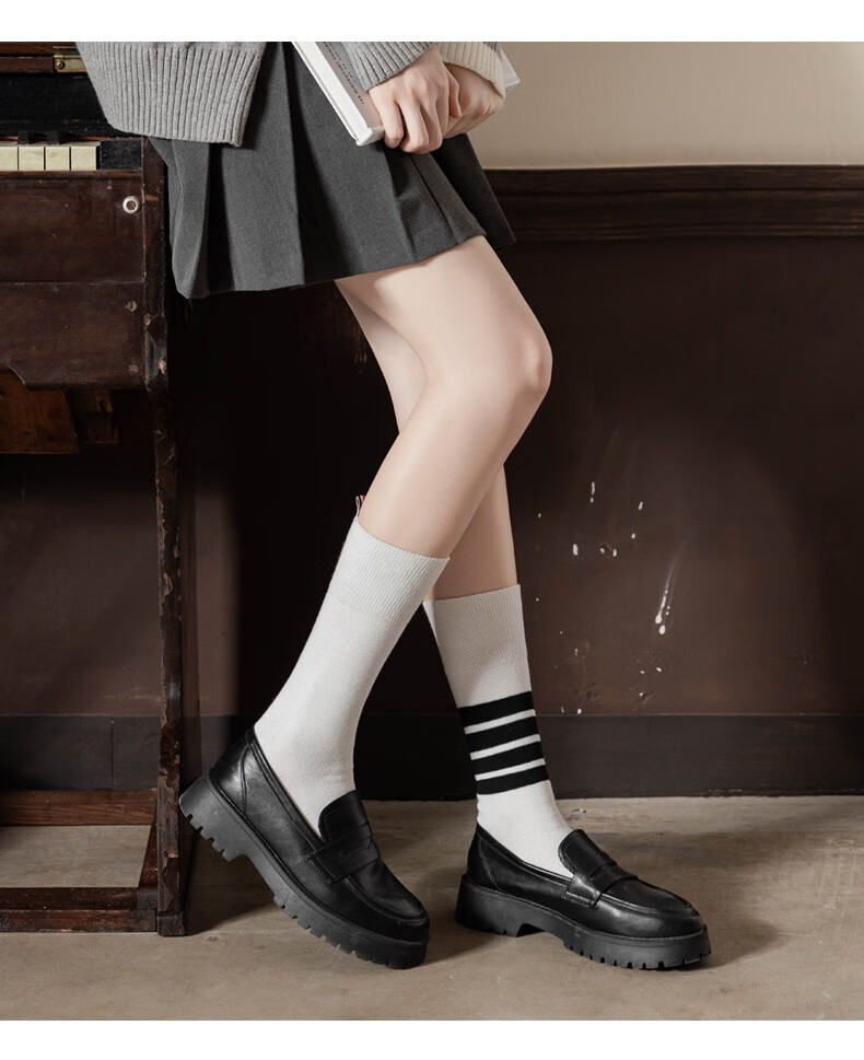 尔晏袜子女中筒袜女秋季黑色jk压力袜条纹学院风提耳棉中筒袜混色3双