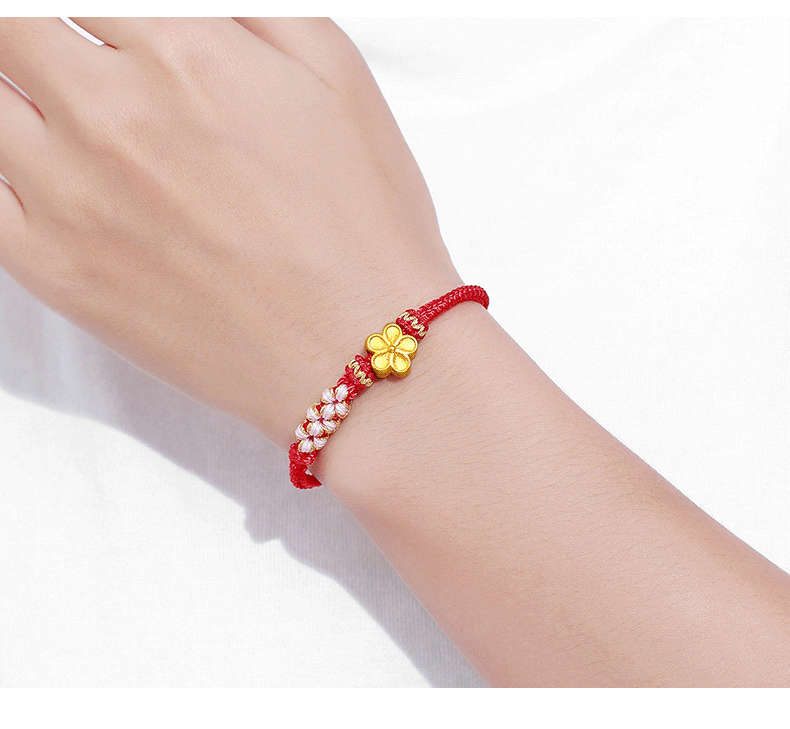 letrange足金999小桃花黄金手链硬金转运珠编织本命年红绳定制纯金手