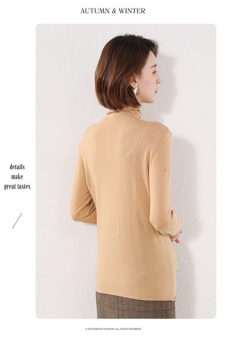 Hengyuanxiang 100% Pure Wool Women's Sweater Autumn Winter Turtleneck Thin Fashion Casual Knitwear Versatile Base Shirt Top 13