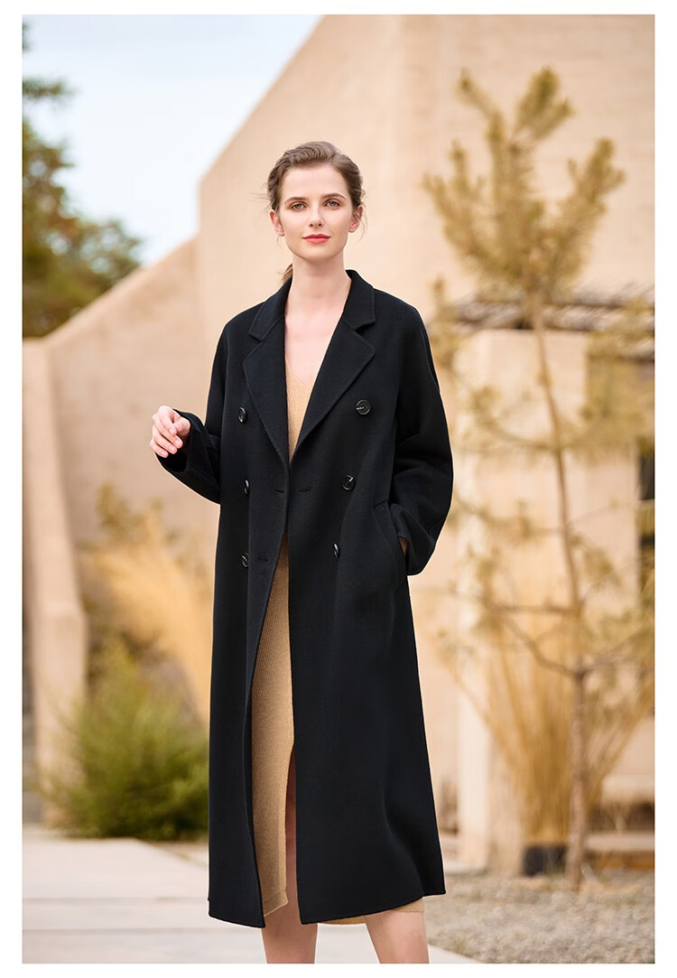 瑟俐品牌高端黑色101801水波纹双面纯羊绒大衣女中长款羊毛呢外套秋新