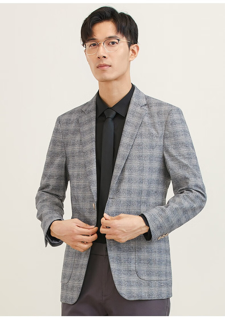 罗蒙romon休闲西服男新款格纹商务单西中青年舒适西装外套灰格17092b