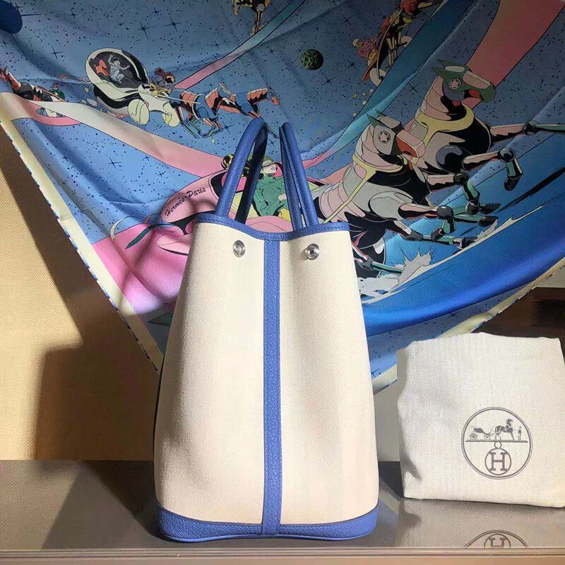 推荐99新 hermer 爱马仕 garden 36 花园包 蓝拼米白 帆布拼皮 c刻